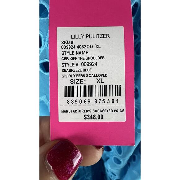 Lilly Pulitzer Geri Off The Shoulder Sea breeze Blue Midi Eyelet Dress XL $348 - Picture 6 of 9